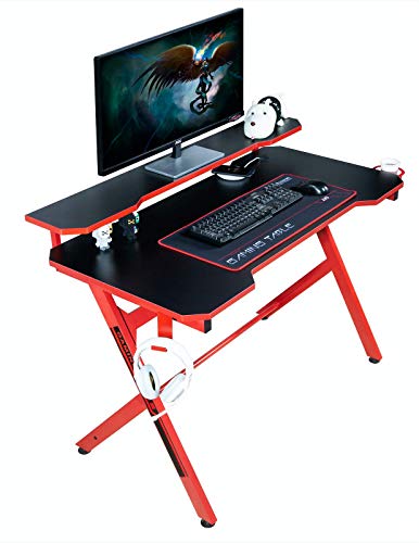 JJS 48" Home Office Gaming Computer Desk with Removable Monitor Stand, R Shaped Large Gamer Workstation PC Table with Cup Holder Headphone Hook Speaker Storage Free Mouse pad, Black/Red