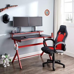 JJS 48" Home Office Gaming Computer Desk with Removable Monitor Stand, R Shaped Large Gamer Workstation PC Table with Cup Holder Headphone Hook Speaker Storage Free Mouse pad, Black/Red