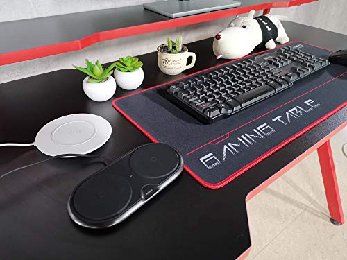 JJS 48" Home Office Gaming Computer Desk with Removable Monitor Stand, R Shaped Large Gamer Workstation PC Table with Cup Holder Headphone Hook Speaker Storage Free Mouse pad, Black/Red