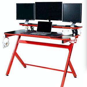 JJS 48" Home Office Gaming Computer Desk with Removable Monitor Stand, R Shaped Large Gamer Workstation PC Table with Cup Holder Headphone Hook Speaker Storage Free Mouse pad, Black/Red