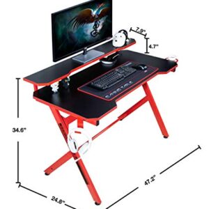 JJS 48" Home Office Gaming Computer Desk with Removable Monitor Stand, R Shaped Large Gamer Workstation PC Table with Cup Holder Headphone Hook Speaker Storage Free Mouse pad, Black/Red