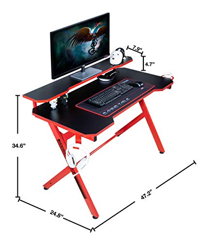 JJS 48" Home Office Gaming Computer Desk with Removable Monitor Stand, R Shaped Large Gamer Workstation PC Table with Cup Holder Headphone Hook Speaker Storage Free Mouse pad, Black/Red