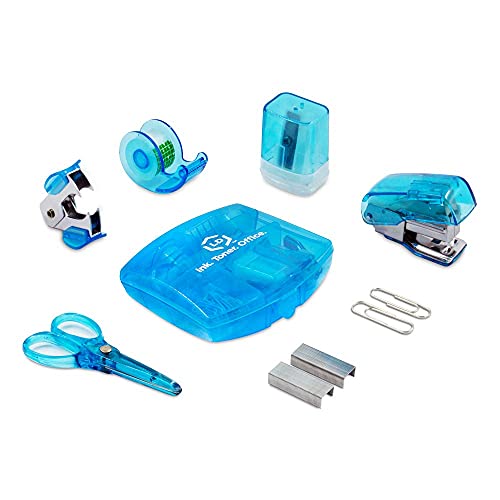 LD Products Blue Mini Office Supply Kit Portable Case with Scissors, Paper Clips, Tape Dispenser, Pencil Sharpener, Stapler & Staple Remover