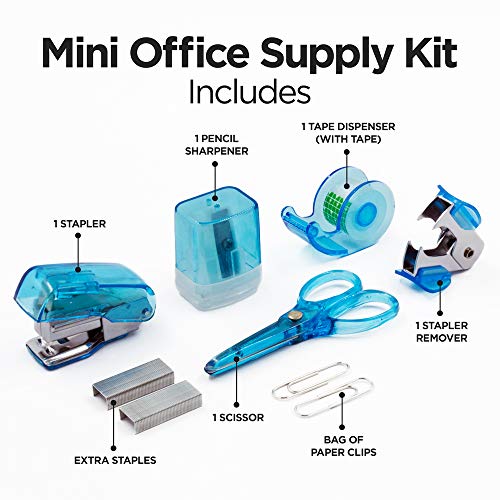 LD Products Blue Mini Office Supply Kit Portable Case with Scissors, Paper Clips, Tape Dispenser, Pencil Sharpener, Stapler & Staple Remover