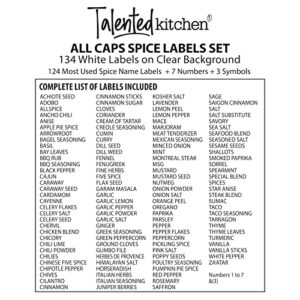 Talented Kitchen 134 Kitchen Spice Jar Labels Preprinted, Minimalist Bold All Caps White Letters and Numbers for Spice Rack, Kitchen Cabinet and Pantry Organization