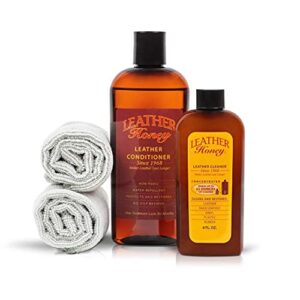 leather honey complete leather care kit including 4 oz cleaner, 8 oz conditioner and 2 applicator cloths for use on leather apparel, furniture, auto interiors, shoes, bags and accessories