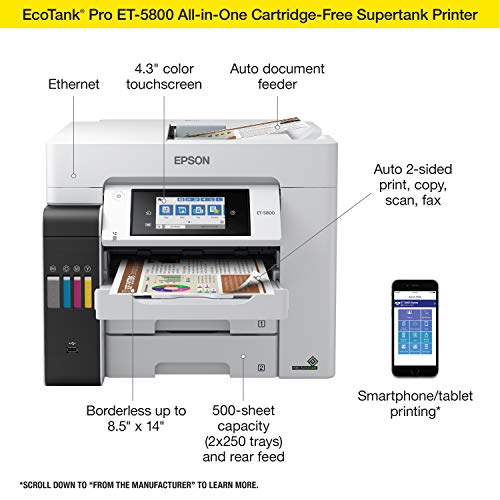 Epson EcoTank Pro ET-5800 Wireless Color All-in-One Supertank Printer with Scanner, Copier, Fax and Ethernet, White