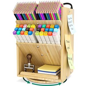 df darfoo bamboo desk organizer storage accessories - ultra-large 13 compartments, 1000+ pencil holder capacity, easy diy assembly, rotating desktop organizer, cosmetics, and office supplies