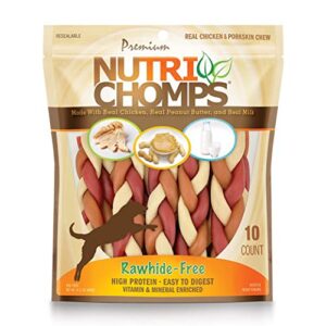 nutrichomps dog chews, 6-inch braids, easy to digest, rawhide-free dog treats, healthy, 10 count, real chicken, peanut butter and milk flavors