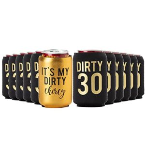 Dirty Thirty Decorations, 30th Birthday Can Coolers and 1 METALLIC Gold"It's My Dirty 30" Cooler, Set of 12, Black and Gold 30th Birthday Can Cooler, Perfect for Birthday Parties,Birthday Decorations!