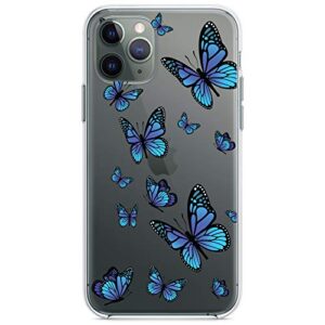 distinctink clear shockproof hybrid case for iphone 11 (6.1" screen) - tpu bumper, acrylic back, tempered glass screen protector - blue butterflies butterfly