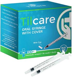 1ml oral dispenser syringe with cover 100 pack by tilcare - sterile plastic medicine droppers for children, pets & adults – latex-free medication syringe without needle - syringes for glue and epoxy