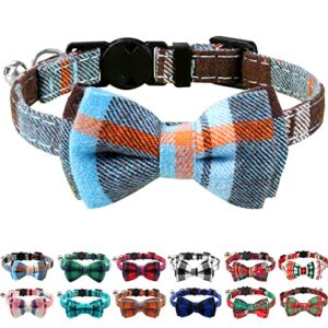 joytale updated breakaway cat collar with bow tie and bell, cute plaid patterns, 1 pack girl boy kitty safety kitten collars, haze blue