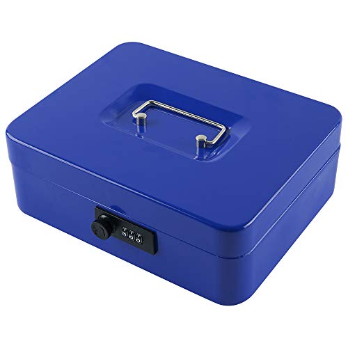 KYODOLED Large Cash Box with Combination Lock,Safe Metal Box for Money, Storage Lock Box with Money Tray,9.84"x 7.87"x 3.54" Blue Large