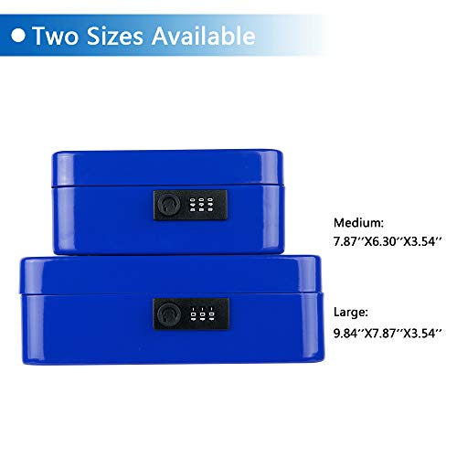 KYODOLED Large Cash Box with Combination Lock,Safe Metal Box for Money, Storage Lock Box with Money Tray,9.84"x 7.87"x 3.54" Blue Large