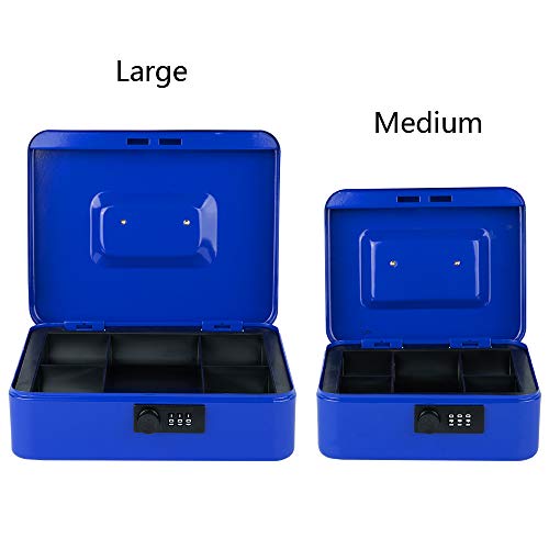 KYODOLED Large Cash Box with Combination Lock,Safe Metal Box for Money, Storage Lock Box with Money Tray,9.84"x 7.87"x 3.54" Blue Large