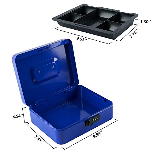 KYODOLED Large Cash Box with Combination Lock,Safe Metal Box for Money, Storage Lock Box with Money Tray,9.84"x 7.87"x 3.54" Blue Large