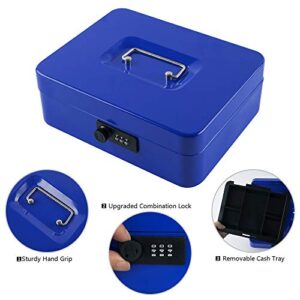 KYODOLED Large Cash Box with Combination Lock,Safe Metal Box for Money, Storage Lock Box with Money Tray,9.84"x 7.87"x 3.54" Blue Large