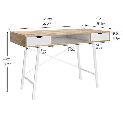 soges Mid Century Desk with Drawers, 47 inches Writing Study Desk with 2 Drawer and Opening Storage Cube, Home Office Computer Desk for Small Space, Multifunctional Vanity Desk Dressing Table