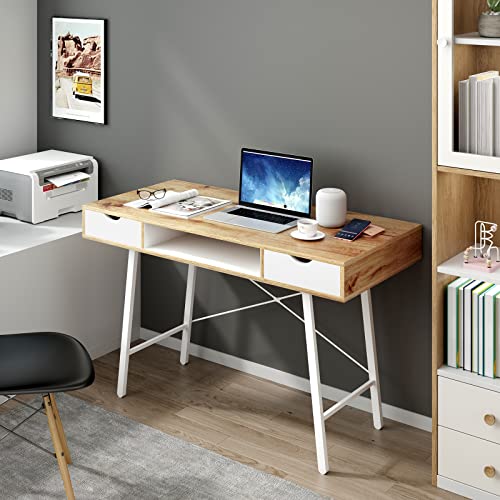 soges Mid Century Desk with Drawers, 47 inches Writing Study Desk with 2 Drawer and Opening Storage Cube, Home Office Computer Desk for Small Space, Multifunctional Vanity Desk Dressing Table