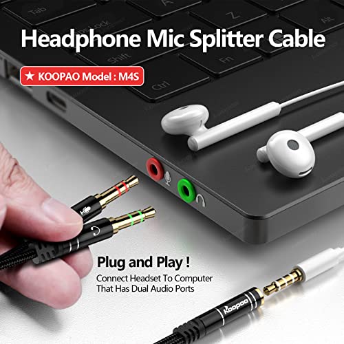 Headphone 3.5mm Splitter Mic Cable for Computer, KOOPAO Headset 3.5mm Female to 2 Dual Male Microphone Audio Stereo Jack Earphones Port to Gaming Speaker PC Adapter