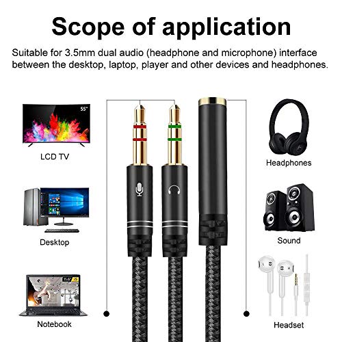 Headphone 3.5mm Splitter Mic Cable for Computer, KOOPAO Headset 3.5mm Female to 2 Dual Male Microphone Audio Stereo Jack Earphones Port to Gaming Speaker PC Adapter