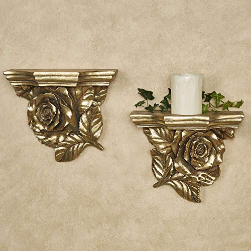 Rose Floral Blooming Decorative Wall Shelves Set 11.5" Wx5 Dx10 H. Gold Set of 2