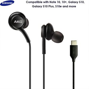 ElloGear 2022 Earbuds Stereo Headphones for Samsung Galaxy Note 10, Note 10+, Galaxy S10, S9 Plus, S10e - Designed by AKG - Braided Cable with Microphone and Volume Remote Type-C Connector - Black