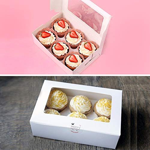 Pralb 20Pack White Cupcake Boxes with Inserts 6 Holders,White Standard Bakery Boxes with Pvc Window,Cupcake Containers Bakery Cake Box,Auto-Popup Cupcake Containers Carriers Bakery Cake Box(9x6x3inch)