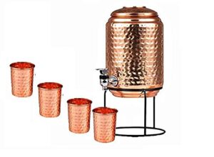 pure copper hammered water dispenser storage water tank with tap and set of 4 copper glass | water pot | copper water storage tank | 6.5 ltr capacity | 218 oz