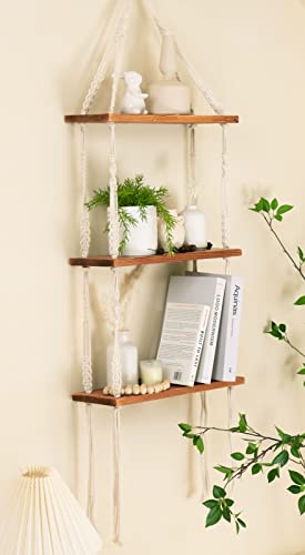 TIMEYARD Macrame Shelf Hanging Shelves, Wood Wall Shelf with Woven Rope, Rustic Floating Shelves Storage Organizer, 3 Tier Shelf Boho Decor for Living Room, Bathroom, Bedroom