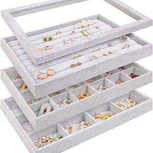 Mebbay Velvet Jewelry Trays Organizer with Clear Lid, Stackable Jewelry Storage for Drawer, Earring Necklace Bracelet Ring Organizer, Set of 3, 13.8" x 9.5" x 1.38"