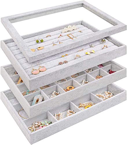 Mebbay Velvet Jewelry Trays Organizer with Clear Lid, Stackable Jewelry Storage for Drawer, Earring Necklace Bracelet Ring Organizer, Set of 3, 13.8" x 9.5" x 1.38"