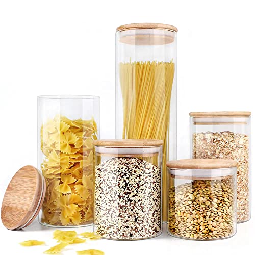 Urban Green Glass Jar with Bamboo Lids, Glass Airtight food Storage Containers, Glass Canister set, Spice Jar, Glass storage containers with lids, Pantry Organization and Storage set of 5