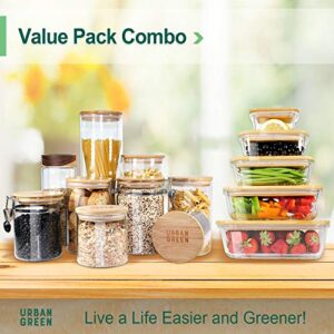 Urban Green Glass Jar with Bamboo Lids, Glass Airtight food Storage Containers, Glass Canister set, Spice Jar, Glass storage containers with lids, Pantry Organization and Storage set of 5