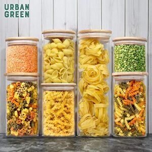 Urban Green Glass Jar with Bamboo Lids, Glass Airtight food Storage Containers, Glass Canister set, Spice Jar, Glass storage containers with lids, Pantry Organization and Storage set of 5