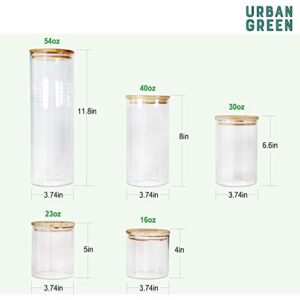 Urban Green Glass Jar with Bamboo Lids, Glass Airtight food Storage Containers, Glass Canister set, Spice Jar, Glass storage containers with lids, Pantry Organization and Storage set of 5