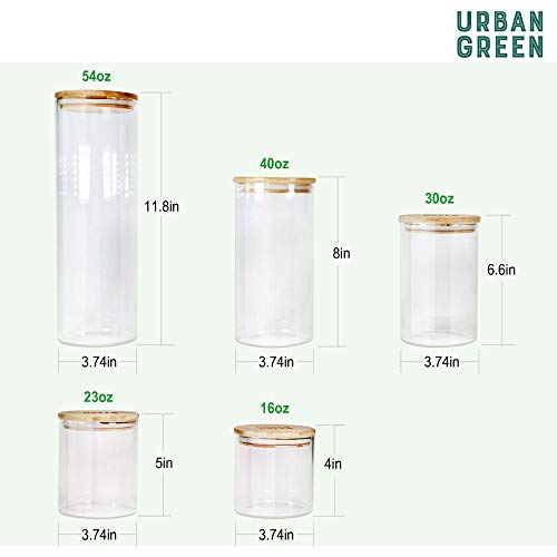 Urban Green Glass Jar with Bamboo Lids, Glass Airtight food Storage Containers, Glass Canister set, Spice Jar, Glass storage containers with lids, Pantry Organization and Storage set of 5