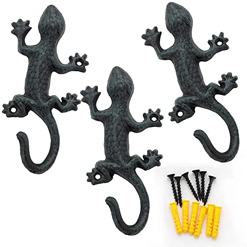 XIYUAN 3PCS Coat Hooks Hanging Wall Mounted Rustic Decorative Gecko Hook, Cast Iron 6 Inch Key Holder Wall Decor for Foyer Hallway Garage Garden & Office