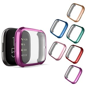compatible with fitbit versa 2 case, nahai 6 packs ultra rugged cover plated case scratch-resist all around screen protector for fitbit versa 2, purple/red/rose gold/rose pink/green/blue