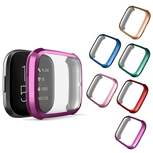 Compatible with Fitbit Versa 2 Case, NAHAI 6 Packs Ultra Rugged Cover Plated Case Scratch-Resist All Around Screen Protector for Fitbit Versa 2, Purple/Red/Rose Gold/Rose Pink/Green/Blue