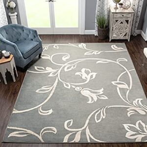 superior indoor large area rug with jute backing, shabby chic floral decor, perfect for living room, bedroom, hardwood floors, dorm, office, entry, kitchen, vine collection, 5' x 8', grey
