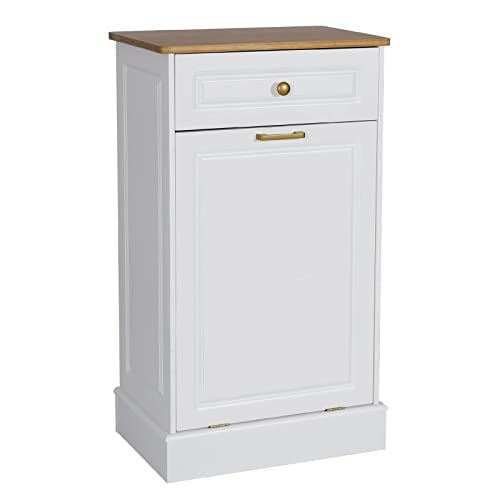 UEV Wooden Tilt Out Trash Cabinet Free Standing Kitchen Trash Can Holder or Recycling Cabinet with Hideaway Drawer(White)