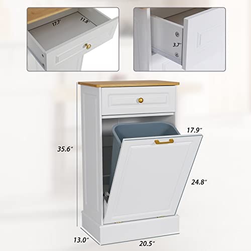 UEV Wooden Tilt Out Trash Cabinet Free Standing Kitchen Trash Can Holder or Recycling Cabinet with Hideaway Drawer(White)