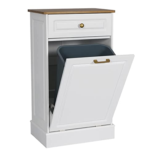 UEV Wooden Tilt Out Trash Cabinet Free Standing Kitchen Trash Can Holder or Recycling Cabinet with Hideaway Drawer(White)