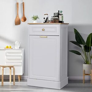 UEV Wooden Tilt Out Trash Cabinet Free Standing Kitchen Trash Can Holder or Recycling Cabinet with Hideaway Drawer(White)