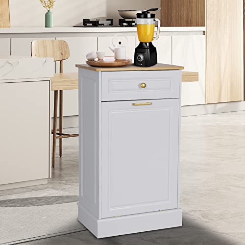 UEV Wooden Tilt Out Trash Cabinet Free Standing Kitchen Trash Can Holder or Recycling Cabinet with Hideaway Drawer(White)
