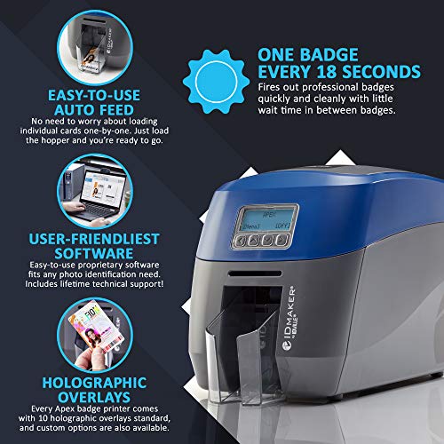 ID Maker Apex 1 Sided Card Printer Machine & Supply Kit for Badge Printing - Print Professional Quality Identification Badges - IDMaker Software, Premium Camera, 300-Print Color Ribbon, 100 PVC Cards