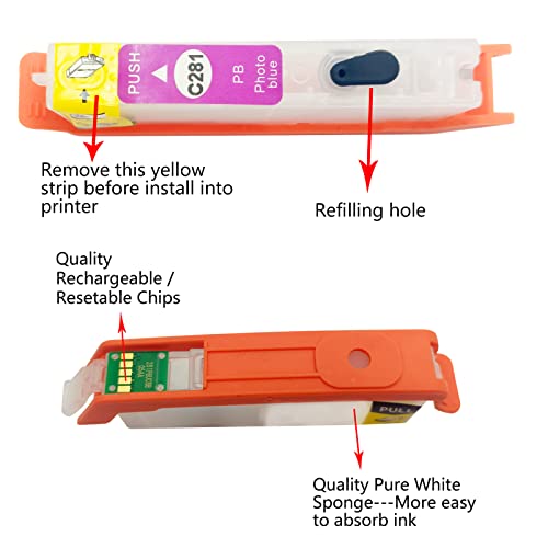 HEMAINK Empty Refillable Ink Cartridge and 6 Bottles Ink Compatible for Canon 280xxl 281xxl PGI-280XXL CLI-281XXL for PIXMA TS9120 TS8120 TS8220 TS8320 Printer ( PGBK,BK,C,M,Y,Photo Blue ) 6 Colors