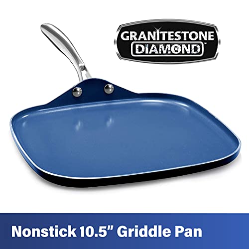 Granitestone Blue Nonstick 10.5” Griddle Pan/Flat Grill with Ultra Durable Mineral and Diamond Triple Coated Surface, Stay Cool Stainless-Steel Handle, Oven & Dishwasher Safe, 100% PFOA Free…